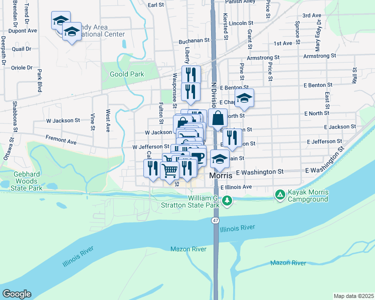 map of restaurants, bars, coffee shops, grocery stores, and more near 407 Liberty Street in Morris