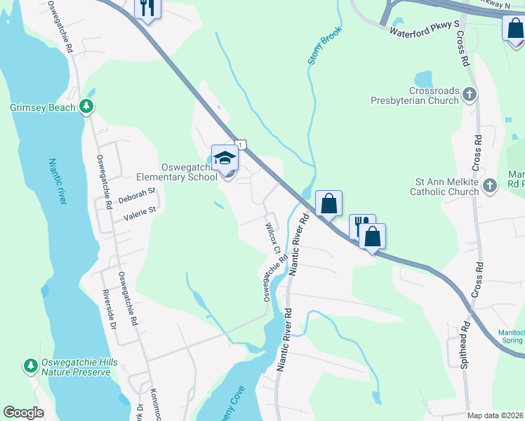 map of restaurants, bars, coffee shops, grocery stores, and more near 6 Stoney Brook Drive in Waterford