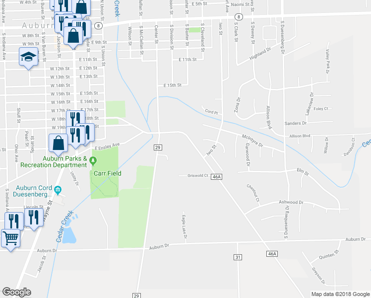 map of restaurants, bars, coffee shops, grocery stores, and more near 805 Old Brick Road in Auburn