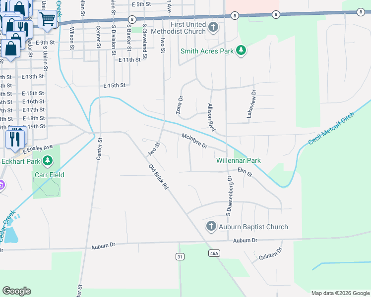map of restaurants, bars, coffee shops, grocery stores, and more near 1300-1398 Garwood Dr in Auburn