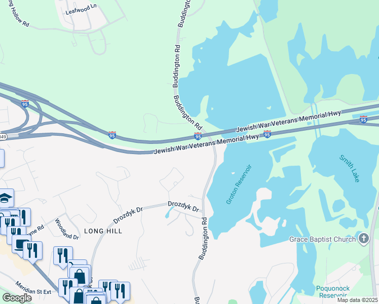 map of restaurants, bars, coffee shops, grocery stores, and more near Jewish War Veterans Memorial Highway in Groton