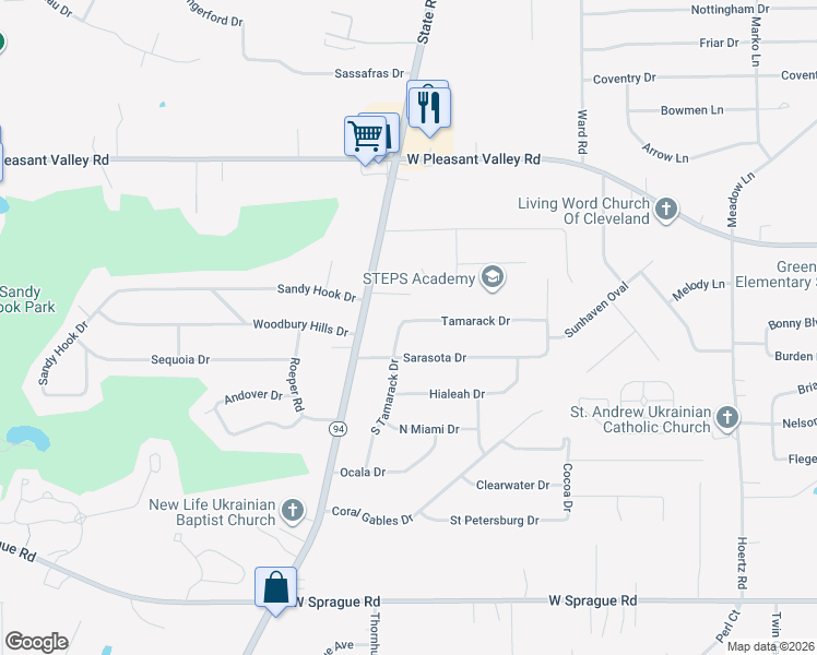 map of restaurants, bars, coffee shops, grocery stores, and more near 580 South Tamarack Drive in Parma