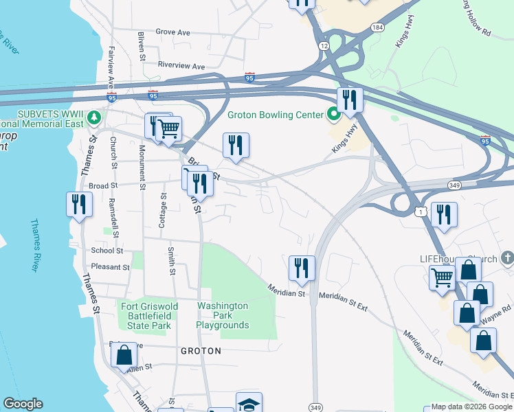 map of restaurants, bars, coffee shops, grocery stores, and more near 25 Broad Saint Extension in Groton