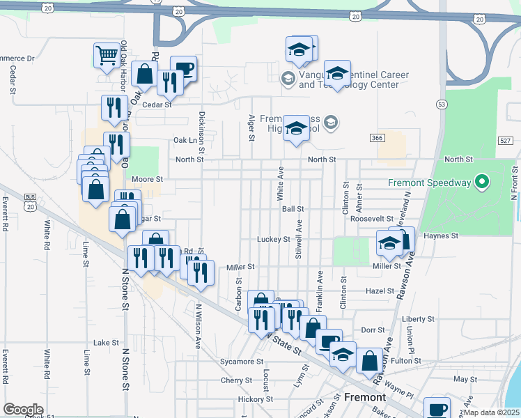 map of restaurants, bars, coffee shops, grocery stores, and more near Alger Street in Fremont