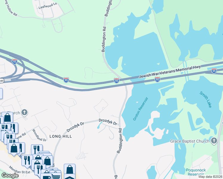 map of restaurants, bars, coffee shops, grocery stores, and more near Jewish War Veterans Memorial Highway in Groton
