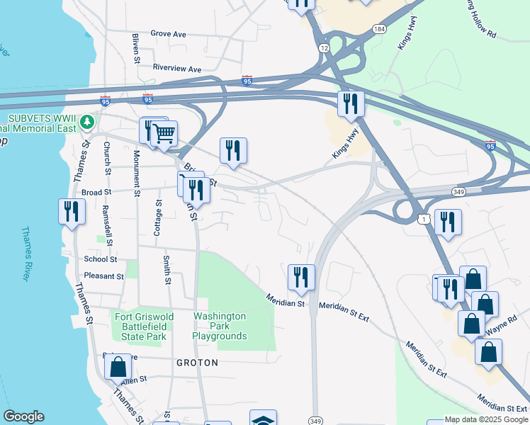 map of restaurants, bars, coffee shops, grocery stores, and more near 39 Broad Saint Extension in Groton