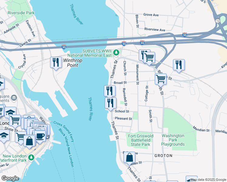 map of restaurants, bars, coffee shops, grocery stores, and more near 132 Thames Street in Groton