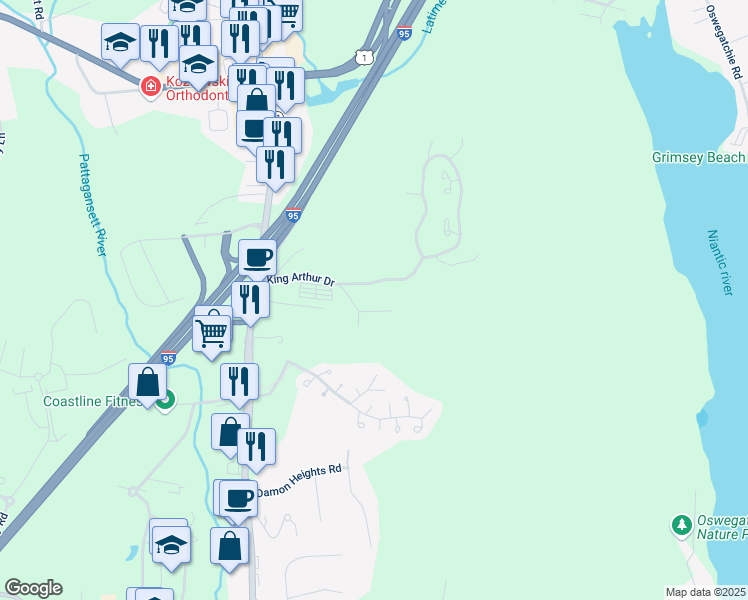 map of restaurants, bars, coffee shops, grocery stores, and more near 10 King Arthur Drive in East Lyme