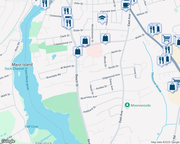 map of restaurants, bars, coffee shops, grocery stores, and more near 15 Crestview Drive in Westerly
