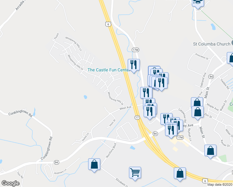 map of restaurants, bars, coffee shops, grocery stores, and more near 203 Knollcrest Lane in Chester