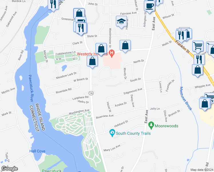 map of restaurants, bars, coffee shops, grocery stores, and more near 15 Crestview Drive in Westerly