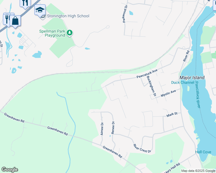 map of restaurants, bars, coffee shops, grocery stores, and more near 142 Pawcatuck Avenue in Stonington