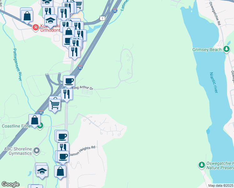 map of restaurants, bars, coffee shops, grocery stores, and more near 11 King Arthur Drive in East Lyme