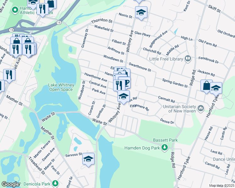 map of restaurants, bars, coffee shops, grocery stores, and more near 17 Central Avenue in Hamden