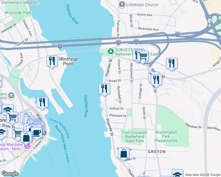 map of restaurants, bars, coffee shops, grocery stores, and more near 118 Thames Street in Groton