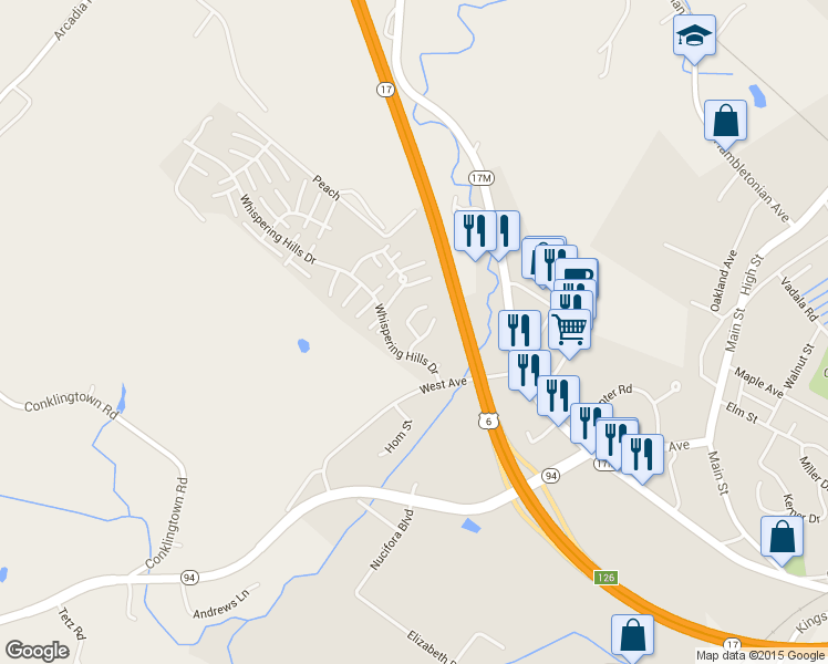map of restaurants, bars, coffee shops, grocery stores, and more near 215 Knollcrest Lane in Chester