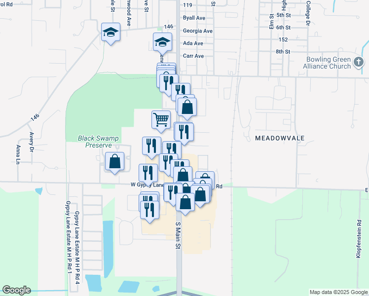 map of restaurants, bars, coffee shops, grocery stores, and more near 1021 North Dixie Highway in Bowling Green