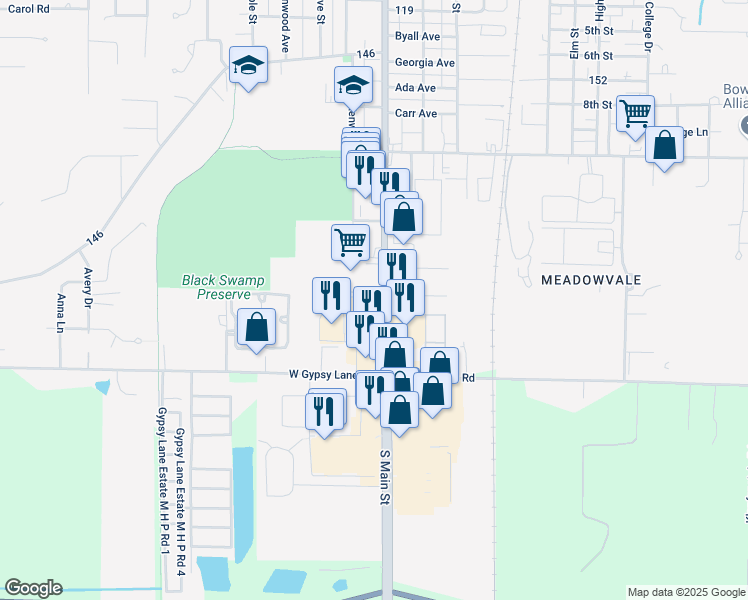 map of restaurants, bars, coffee shops, grocery stores, and more near 1021 North Dixie Highway in Bowling Green
