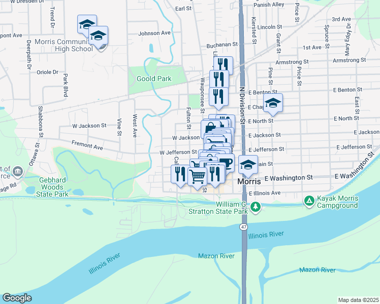 map of restaurants, bars, coffee shops, grocery stores, and more near 300 West Jefferson Street in Morris