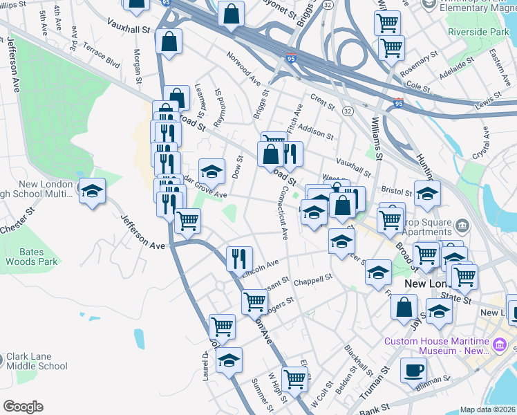 map of restaurants, bars, coffee shops, grocery stores, and more near 36 Cedar Grove Avenue in New London