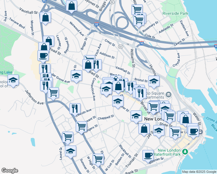 map of restaurants, bars, coffee shops, grocery stores, and more near 198 Broad Street in New London