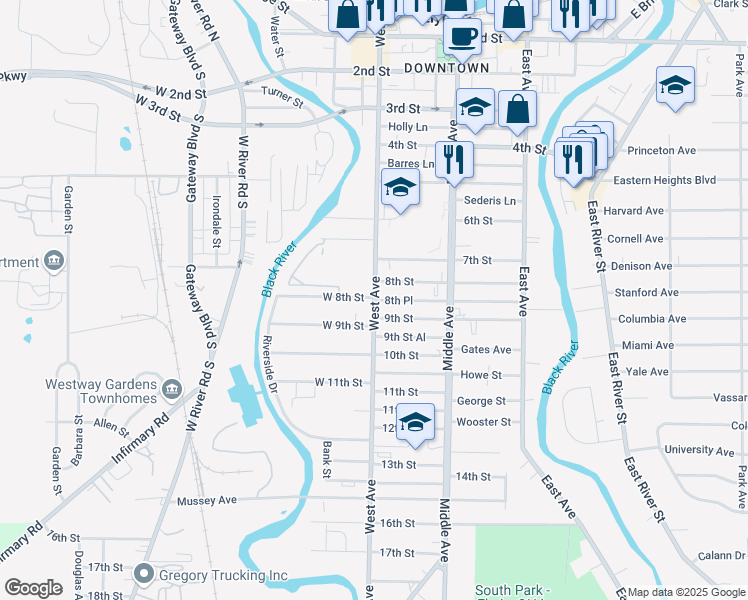 map of restaurants, bars, coffee shops, grocery stores, and more near Elyria Avenue in Elyria