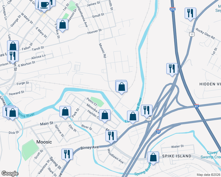 map of restaurants, bars, coffee shops, grocery stores, and more near 916 Moosic Rd in Old Forge