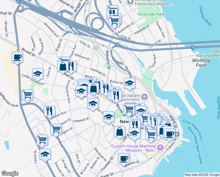 map of restaurants, bars, coffee shops, grocery stores, and more near 65 Granite Street in New London