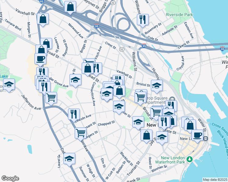 map of restaurants, bars, coffee shops, grocery stores, and more near Broad Street & Cleveland Street in New London