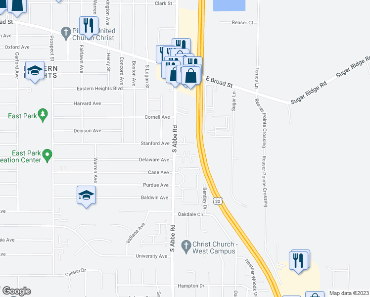 map of restaurants, bars, coffee shops, grocery stores, and more near 221 Mockingbird Lane in Elyria