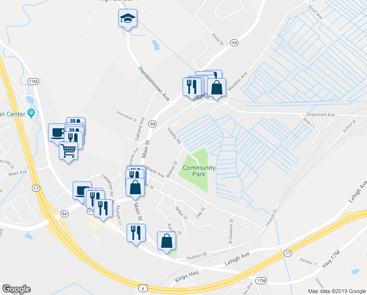 map of restaurants, bars, coffee shops, grocery stores, and more near Vadala Road in Chester
