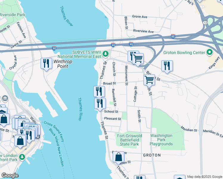 map of restaurants, bars, coffee shops, grocery stores, and more near 11 Ramsdell Street in Groton