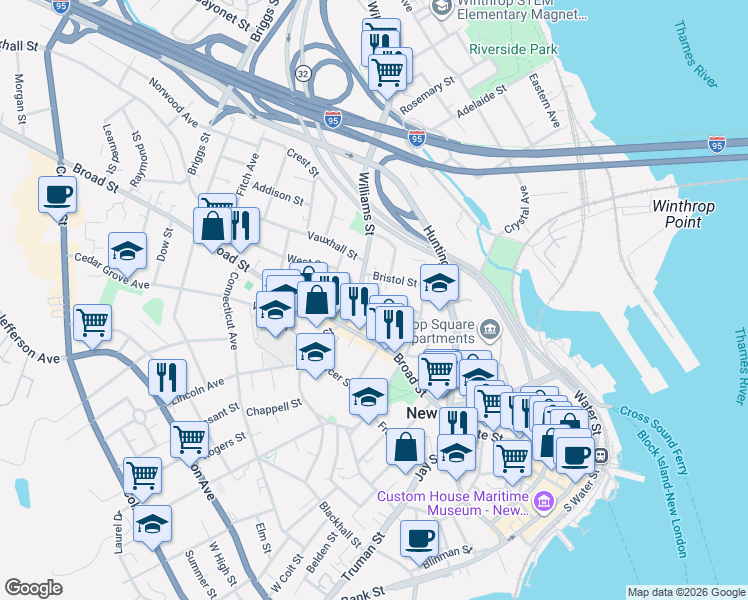 map of restaurants, bars, coffee shops, grocery stores, and more near 0 New London Turnpike in New London County