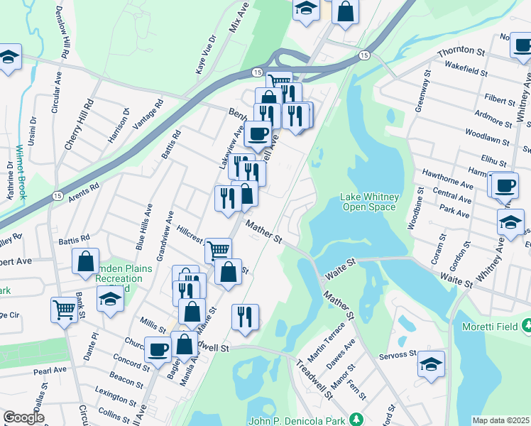 map of restaurants, bars, coffee shops, grocery stores, and more near 415 Mather Street in Hamden