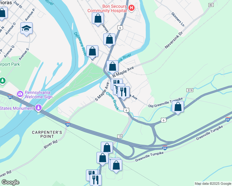map of restaurants, bars, coffee shops, grocery stores, and more near 79 Minisink Avenue in Port Jervis