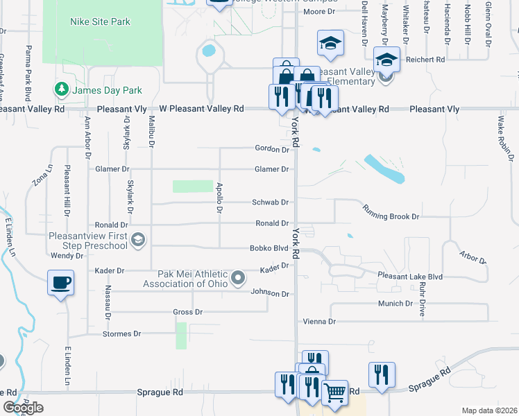 map of restaurants, bars, coffee shops, grocery stores, and more near 10881 Schwab Drive in Parma