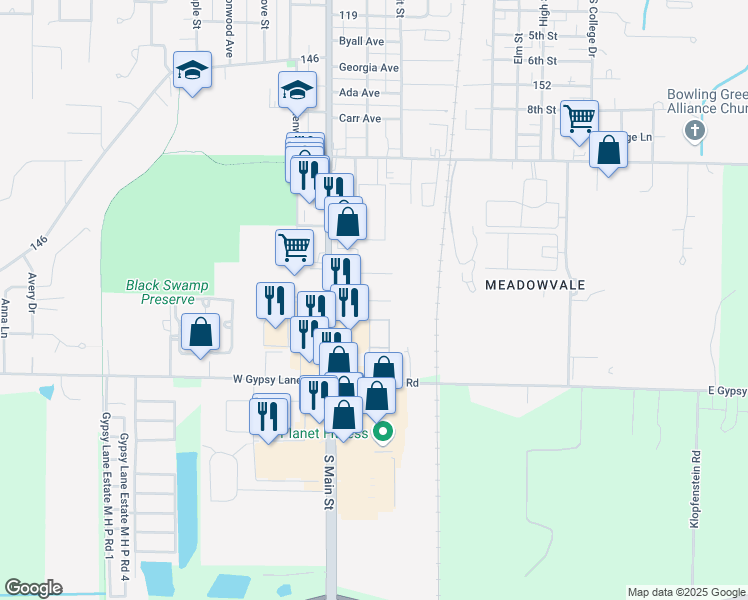 map of restaurants, bars, coffee shops, grocery stores, and more near 1017 South Main Street in Bowling Green