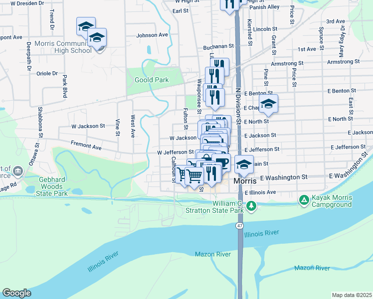 map of restaurants, bars, coffee shops, grocery stores, and more near 310 West Jefferson Street in Morris