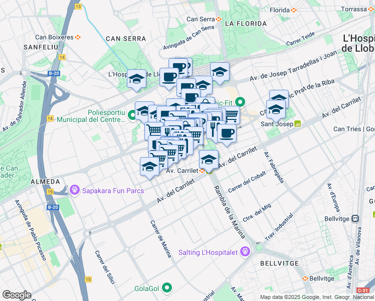 map of restaurants, bars, coffee shops, grocery stores, and more near 17 Carrer Santa Anna in L'Hospitalet de Llobregat