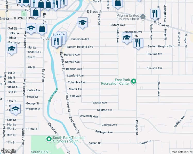 map of restaurants, bars, coffee shops, grocery stores, and more near 1003 Park Avenue in Elyria