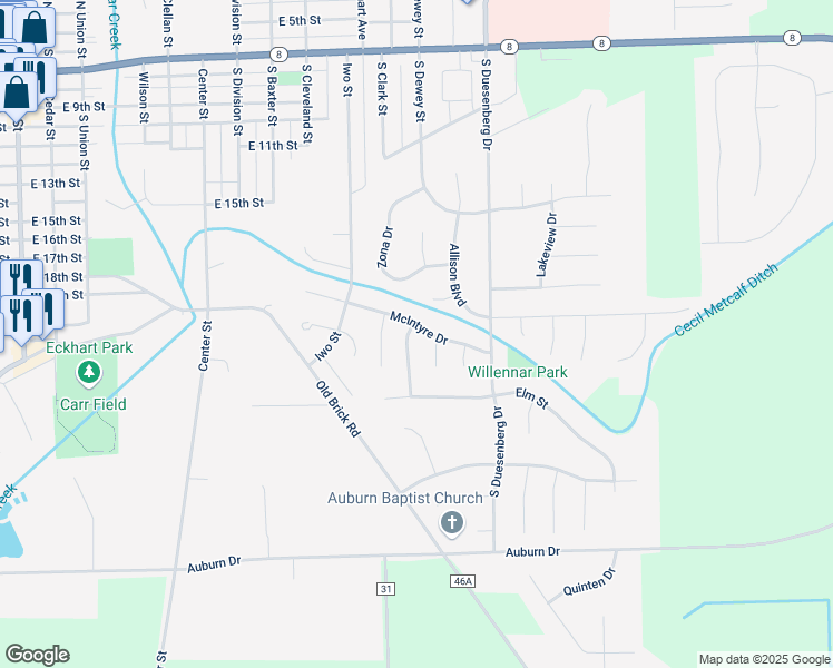 map of restaurants, bars, coffee shops, grocery stores, and more near 1300 Garwood Drive in Auburn