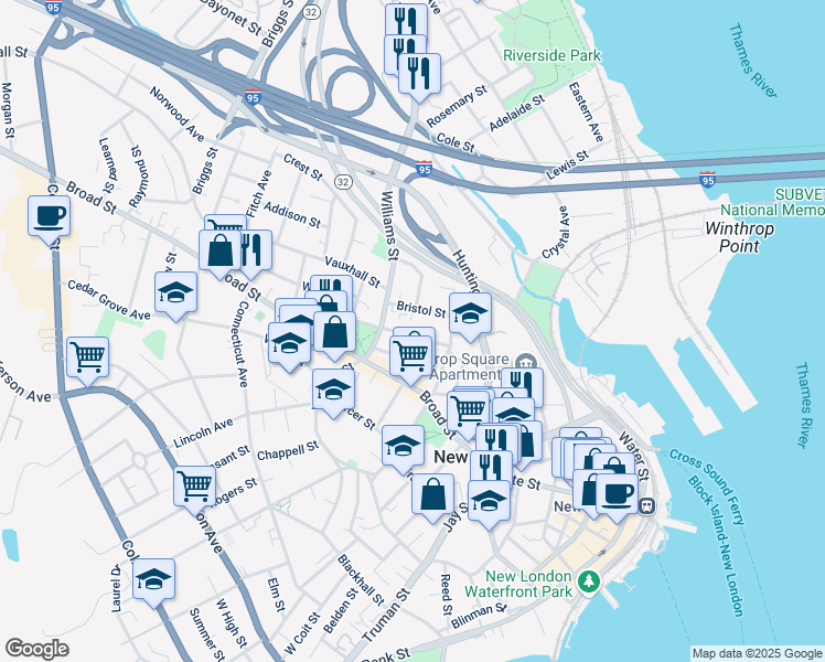 map of restaurants, bars, coffee shops, grocery stores, and more near 33 Granite Street in New London