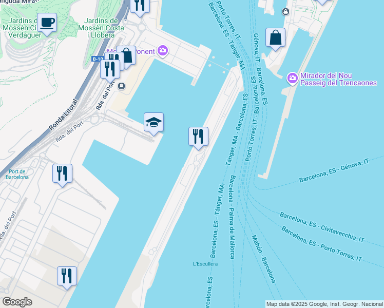 map of restaurants, bars, coffee shops, grocery stores, and more near Moll Adossat in Barcelona