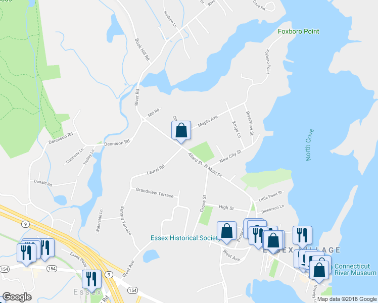 map of restaurants, bars, coffee shops, grocery stores, and more near 81 North Main Street in Essex