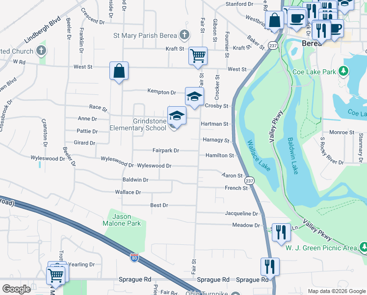 map of restaurants, bars, coffee shops, grocery stores, and more near 160 Fairpark Drive in Berea