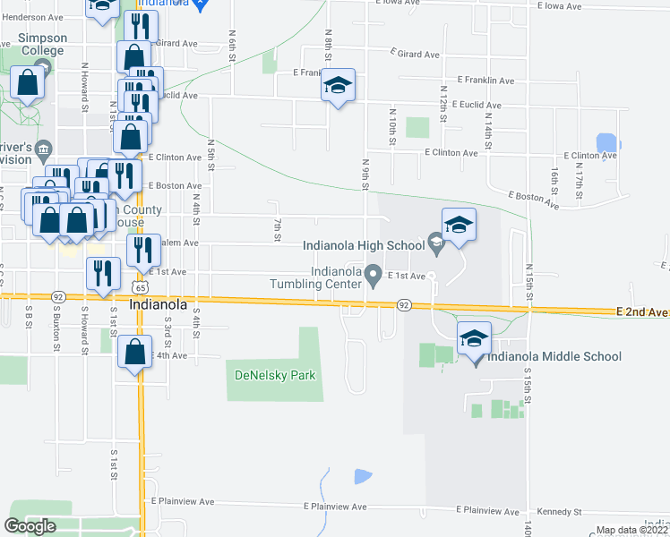 map of restaurants, bars, coffee shops, grocery stores, and more near 1008 East 1st Avenue in Indianola