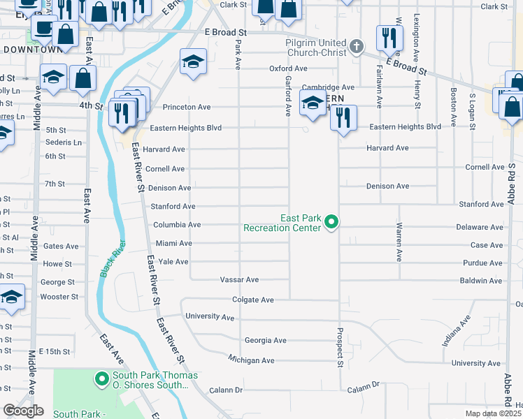map of restaurants, bars, coffee shops, grocery stores, and more near 327 Stanford Avenue in Elyria