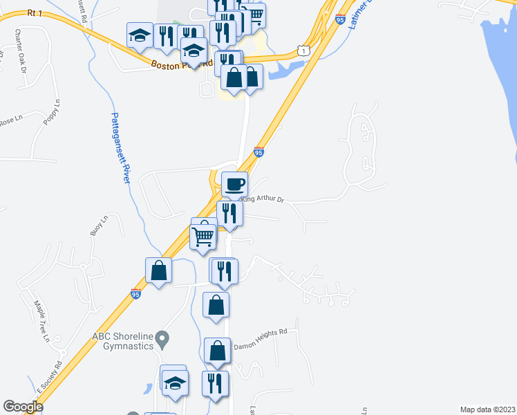 map of restaurants, bars, coffee shops, grocery stores, and more near 5 King Arthur Drive in East Lyme