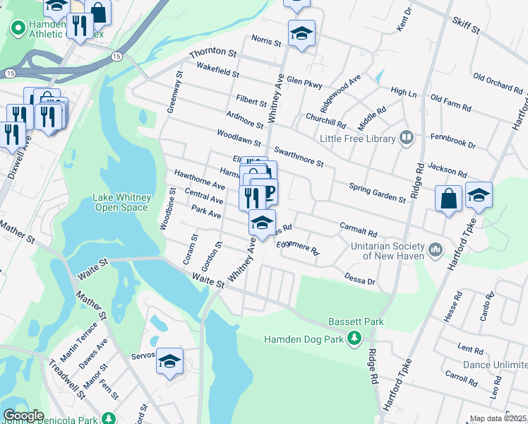 map of restaurants, bars, coffee shops, grocery stores, and more near 1665 Whitney Ave in Hamden