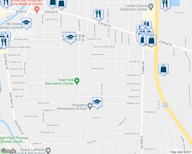 map of restaurants, bars, coffee shops, grocery stores, and more near 601 Stanford Avenue in Elyria